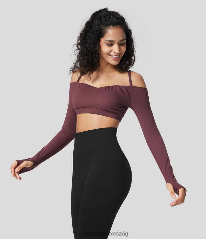 aktív ruházat Halara softlyzero plüss hideg váll plasztika hosszú ujjú hüvelykujj lyukas vágott jóga sportfelső piros mahagóni nők 8FPF801891