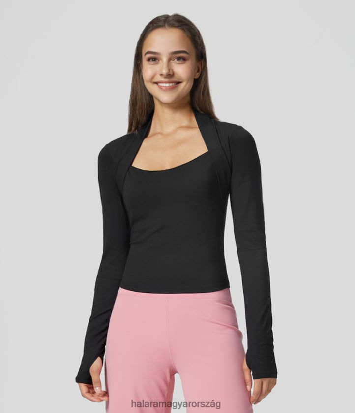 aktív ruházat Halara softlyzero plüss hosszú ujjú hüvelykujj lyukas 2 az 1-ben jóga sportfelső fekete nők 8FPF801825