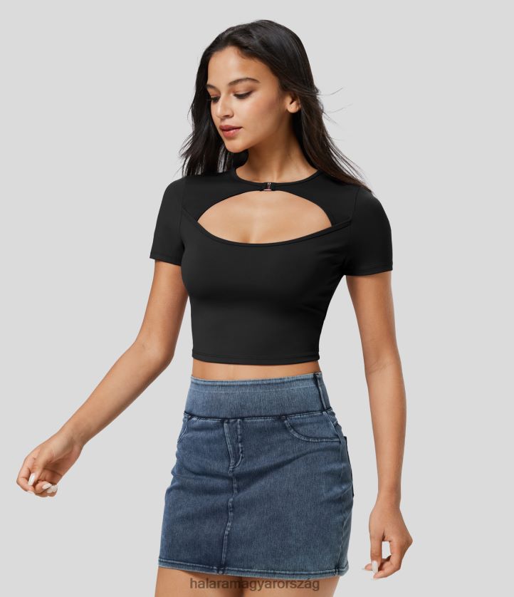 aktív ruházat Halara softlyzero plüss nyakú kivágott rövid ujjú, rövidített alkalmi sportfelső fekete nők 8FPF801842