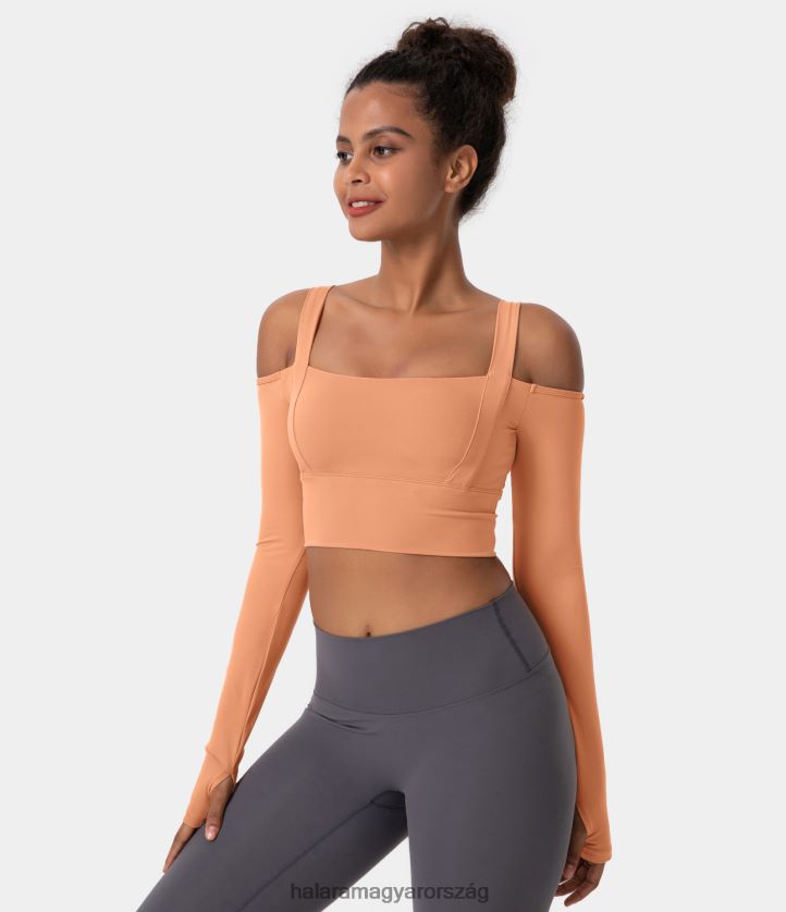 aktív ruházat Halara szögletes nyakú hideg váll hüvelykujj lyukas vágott sportfelső kajszibarackos mosás nők 8FPF801833