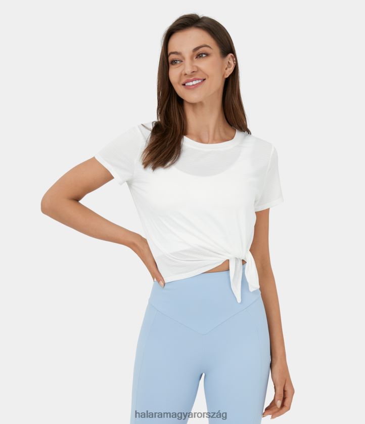 aktív ruházat Halara áttetsző rövid ujjú aszimmetrikus osztott szegélyű jacquard rövidített futósport felső fehér nők 8FPF801798