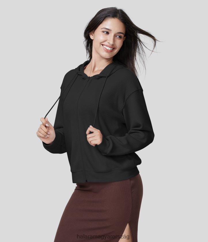 aktív ruházat Halara gofri kapucnis húzózsinóros cipzáras alkalmi pamut sport pulóver fekete nők 8FPF801992