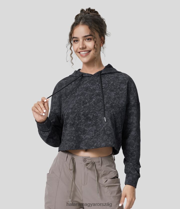 aktív ruházat Halara húzózsinóros kapucnis leesett vállra vágott mosott alkalmi pamut sportpulóver sötét füstszürke nők 8FPF801963