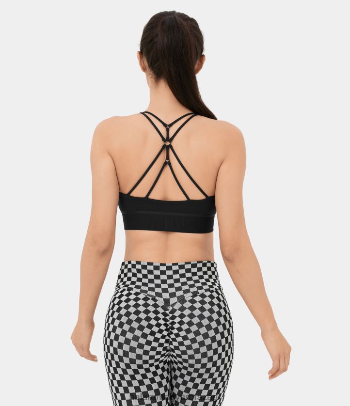 aktív ruházat Halara alacsony támasztékú u nyakú, hát nélküli, keresztben keresztezett bordás szegélyű jóga sportmelltartó fekete nők 8FPF801611