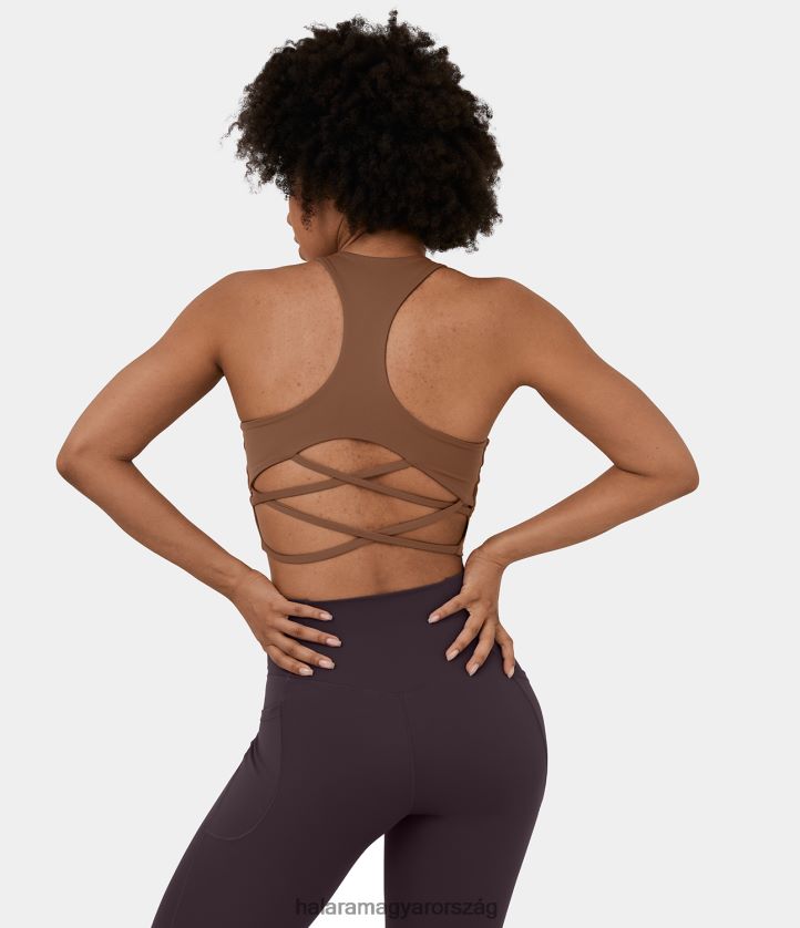 aktív ruházat Halara alacsony tartású u nyakú, hát nélküli racerback crisscross jóga sportmelltartó szentjánoskenyér barna nők 8FPF801597