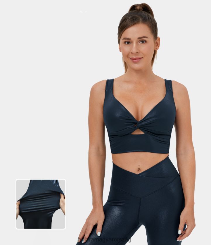 aktív ruházat Halara softlyzero műbőr alacsony támasztékú csavart kivágott hát nélküli fóliamintás sztreccs jóga sportmelltartó fényes éjkék nők 8FPF801540