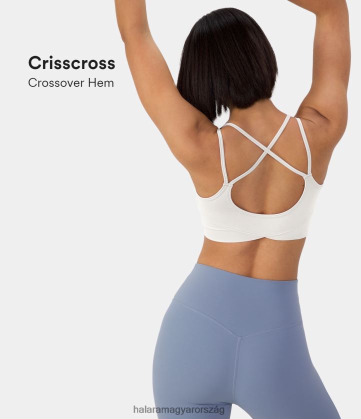 aktív ruházat Halara softlyzero plüss alacsony támasztékú hát nélküli, keresztezett spagetti pántok crossover szegélyű sportmelltartó fehér nők 8FPF801604