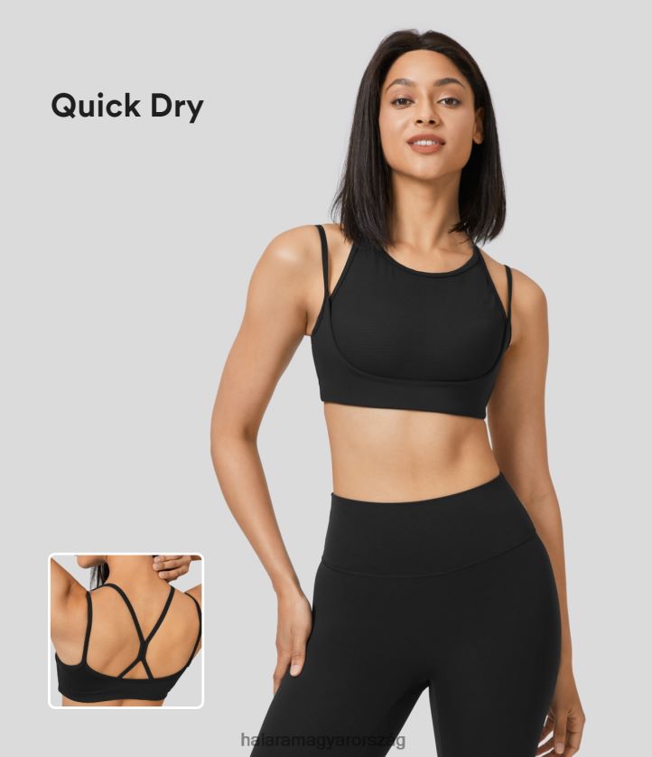 aktív ruházat Halara speedwave közepes tartású kerek nyakú, háttámla nélküli kontrasztos hálós, gyorsszáraz futó sportmelltartó fekete nők 8FPF801608