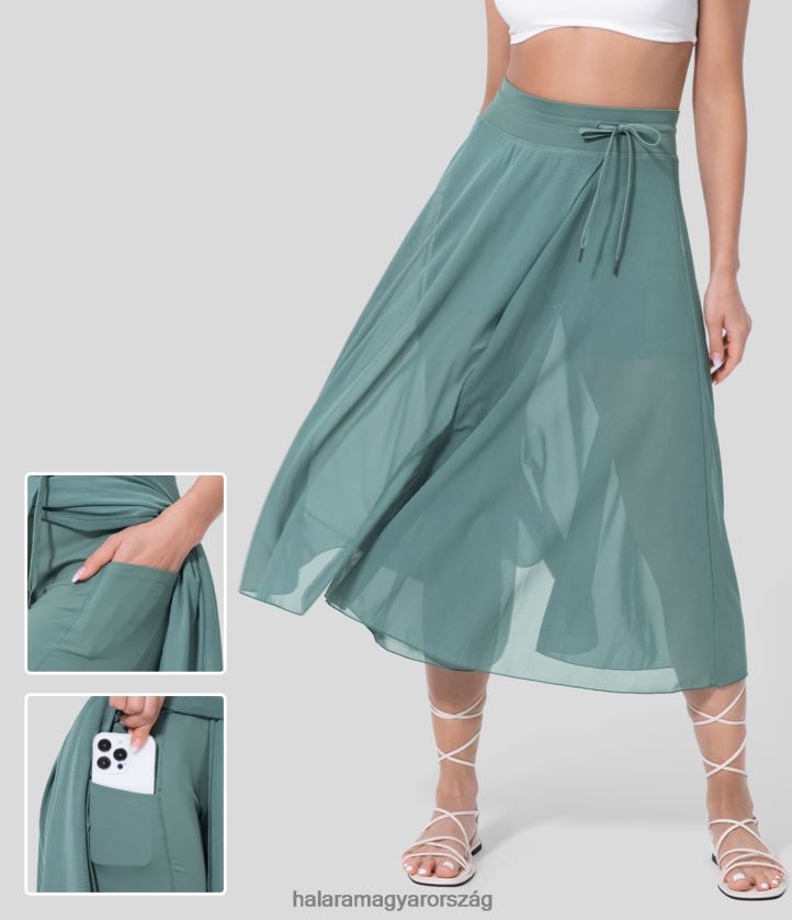 aktív ruházat Halara magas derekú, húzózsinóros kontrasztos hálós 2 az 1-ben oldalzseb folyékony midi flare alkalmi szoknya ásványkék nők 8FPF80695