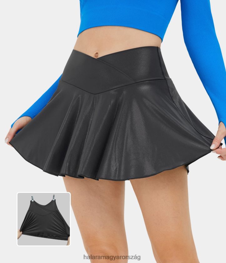 aktív ruházat Halara softlyzero műbőr magas derekú crossover 2 az 1-ben oldalzseb fóliamintás rugalmas szoknya fényes alkonyfekete nők 8FPF80626