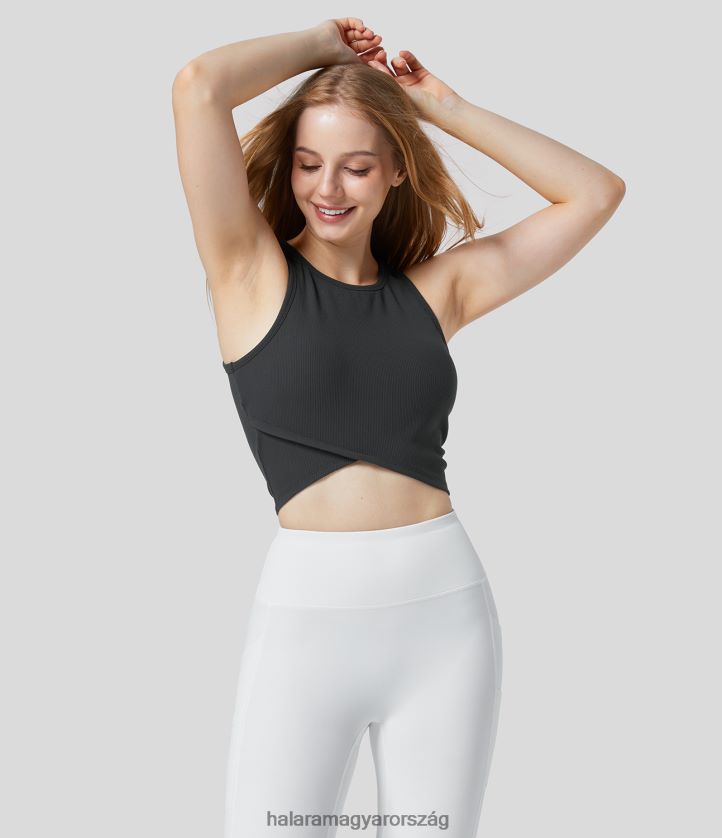 aktív ruházat Halara softlyzero bordás környakú ujjatlan crossover szegélyű tömör jóga felső fekete nők 8FPF801775