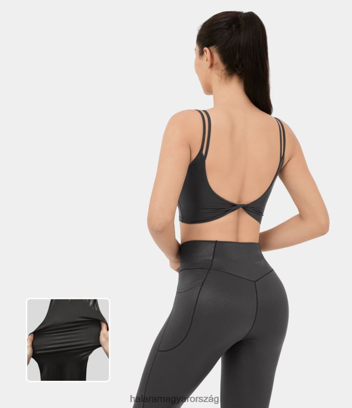 aktív ruházat Halara softlyzero műbőr dupla pántos hát nélküli csavart fóliamintás rugalmas, vágott jóga felső fényes alkonyfekete nők 8FPF801547