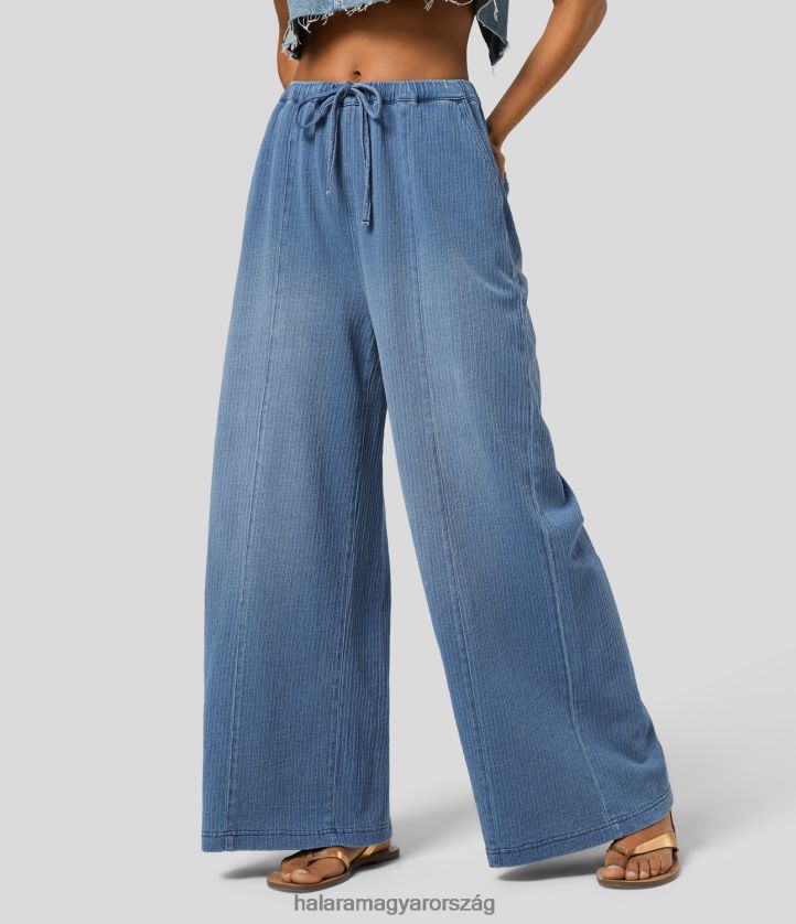 ruházat Halara magic mid emelkedő húzózsinór több zsebbel mosott, rugalmas kötött alkalmi széles szárú farmernadrág kék bokor farmer nők 8FPF801326