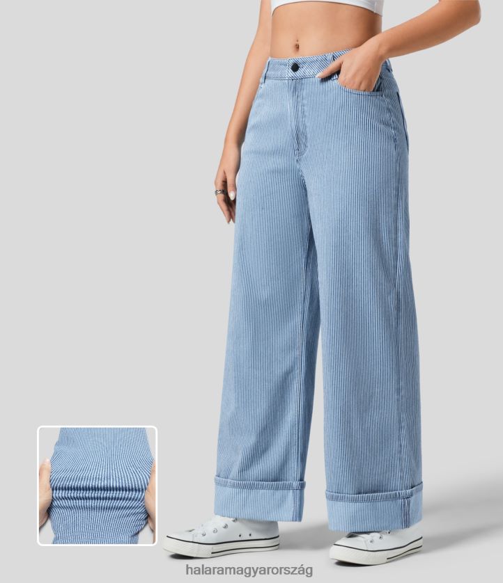 ruházat Halara varázslatos középen emelkedő több zsebes hengerelt szegély csíkos mosott, rugalmas kötött alkalmi széles szárú farmer égszínkék csíkos farmer nők 8FPF801355