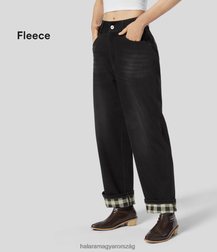 ruházat Halara varázslatos magas derekú gombos cipzár több zsebes egyenes lábú kockás polár rugalmas kötött alkalmi boyfriend farmer mosott farmerfekete nők 8FPF801313