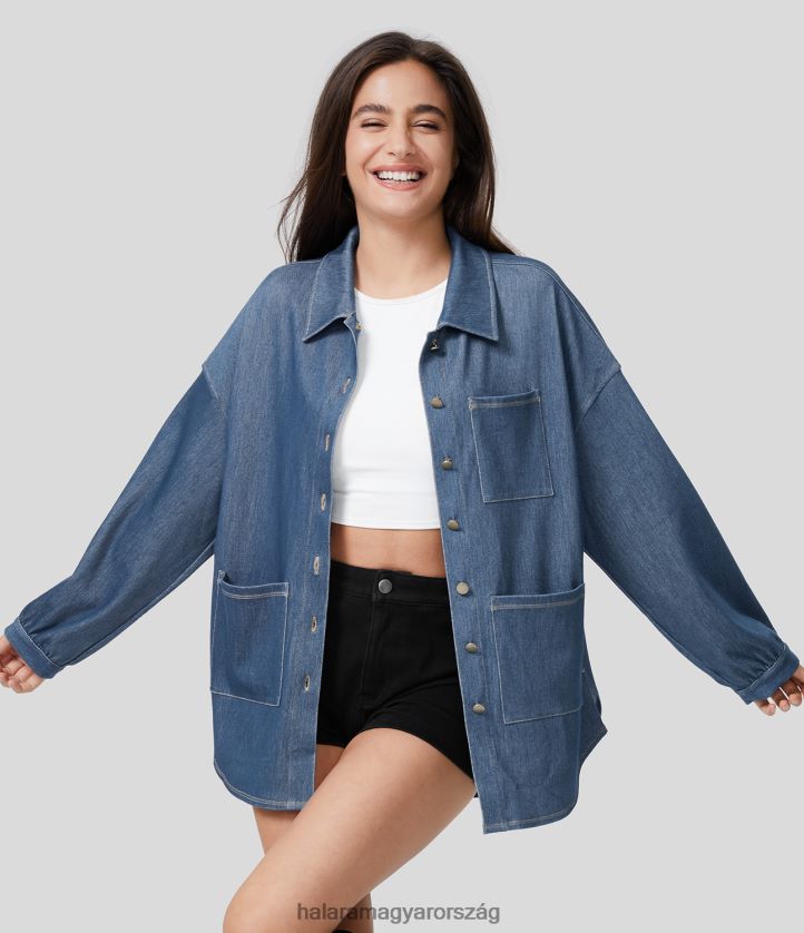 ruházat Halara magic galléros több zsebes gomb elülső osztott, hajlított szegély rugalmas kötött farmer munka oversize kabát mosott farmer tó kék nők 8FPF801372