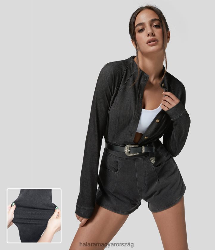 ruházat Halara magic stand gallér gomb hosszú ujjú zsebes rugalmas kötött farmer karcsú munkakabát mosott farmerfekete nők 8FPF801369