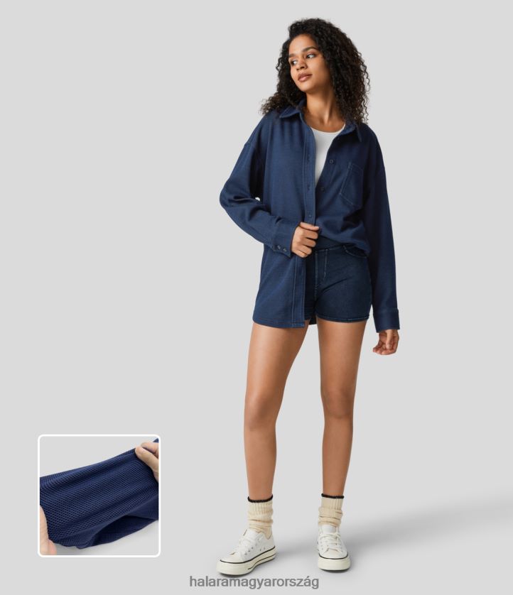 ruházat Halara varázslatos mellzseb gomb elöl ívelt szegély rugalmas kötött gofri farmer alkalmi kabát sötétkék gofri nők 8FPF801361