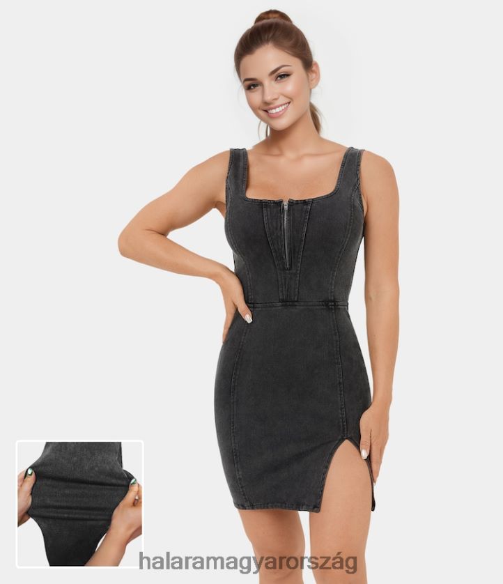 ruházat Halara varázslatos félcipzáras ujjatlan, osztott szegély hát nélküli bodycon rugalmas kötött farmer mini alkalmi ruha sötétszürke farmer nők 8FPF801096