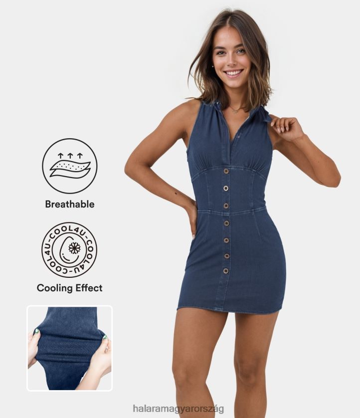 ruházat Halara varázslatos galléros ujjatlan fűzőgomb hideg érintés lélegző mosott rugalmas kötött farmer mini alkalmi ruha mosott farmer indigó nők 8FPF801206