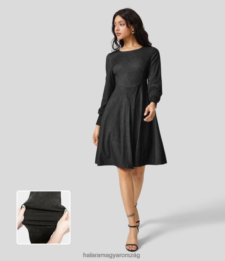 ruházat Halara varázslatos kerek nyakú, hosszú ujjú oldalzseb fűző fűzős lobogó rugalmas kötött farmer midi munkaruha mosott farmerfekete nők 8FPF801236