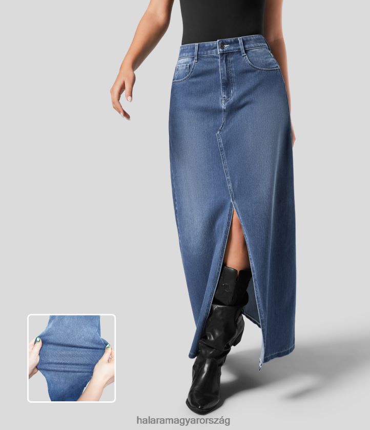 ruházat Halara varázslatos középen emelkedő gomb cipzár több zseb osztott vonalas rugalmas kötött farmer maxi alkalmi szoknya azúrkék farmer nők 8FPF80728