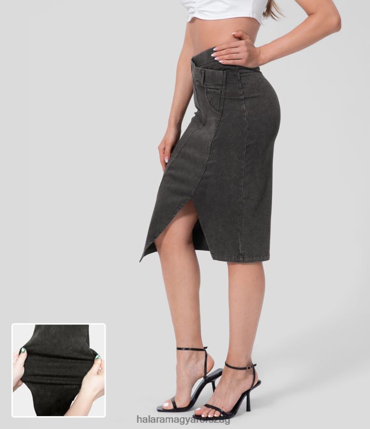 ruházat Halara varázslatos magas derekú, osztott szegélyű rugalmas kötött farmer midi alkalmi szoknya sötétszürke farmer nők 8FPF80753