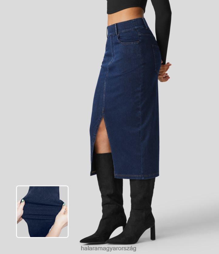 ruházat Halara varázslatos magas derekú több zsebes bodycon osztott, rugalmas kötött farmer alkalmi midiszoknya indigó farmer nők 8FPF80704