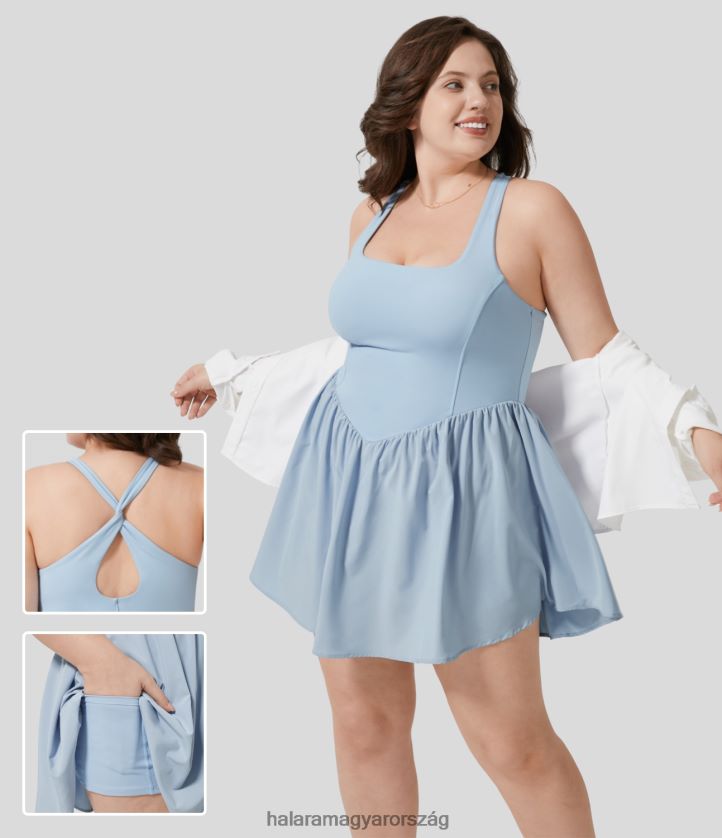 aktív ruházat Halara szellős, szögletes nyakú, hát nélküli kivágott, keresztben csavart hátul 2 az 1-ben oldalzseb fűző mini gyorsan száradó, gördülékeny alkalmi plus size ruha angyal elesik nők 8FPF8