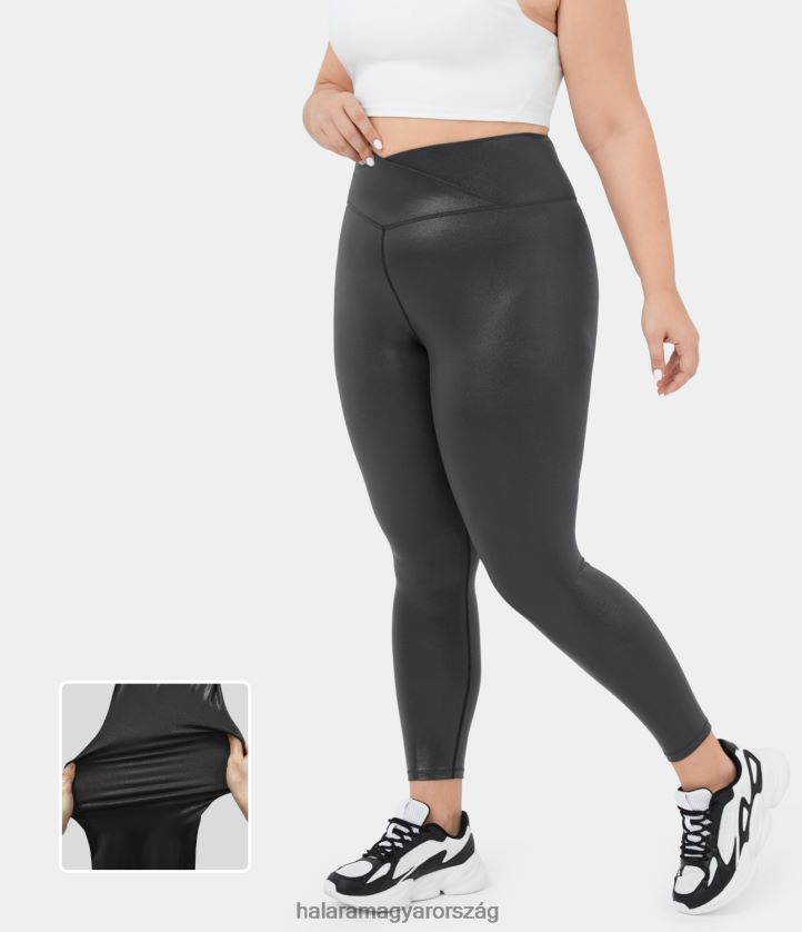 alsók Halara softlyzero műbőr crossover hátsó zsebfóliamintás rugalmas molett jóga leggings fényes alkonyfekete nők 8FPF801514
