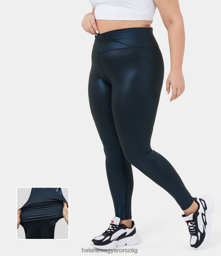 alsók Halara softlyzero műbőr crossover hátsó zsebfóliamintás rugalmas molett teljes hosszúságú jóga leggings fényes éjkék nők 8FPF801521