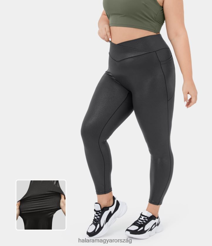 alsók Halara softlyzero műbőr crossover zsebfólia mintás rugalmas jóga 7/8 molett leggings fényes alkonyfekete nők 8FPF801523