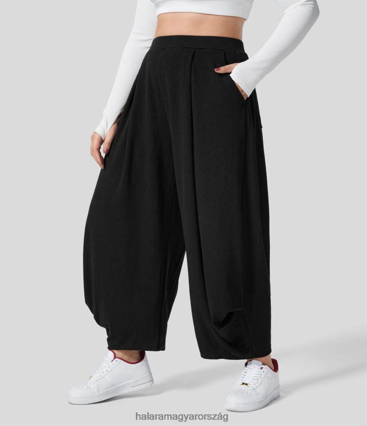 alsók Halara bordázott, magas derekú, több zsebes, masszív, hétköznapi molett háremnadrág fekete nők 8FPF802138