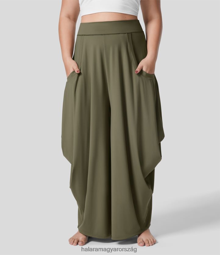alsók Halara középen emelkedő több zsebes, széles szárú, alkalmi plus size nadrág fonnyadt zöld nők 8FPF802134