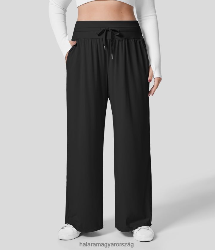 alsók Halara magas derekú, húzózsinóros oldalzseb, széles szárú menő érintés, alkalmi plus size nadrág fekete nők 8FPF802135