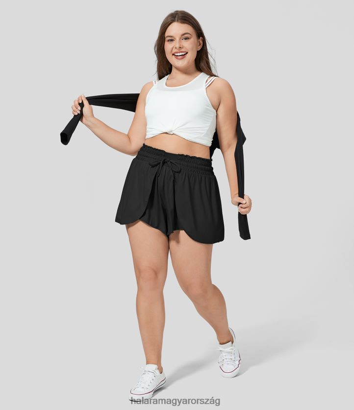 alsók Halara fodros magas derekú elasztikus derékpánt húzózsinór folyékony halmozott hétköznapi plus méretű rövidnadrág fekete nők 8FPF801269