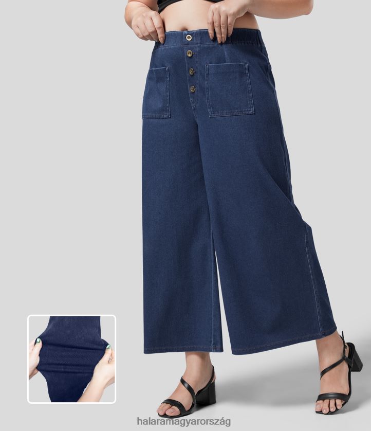 ruházat Halara varázslatos magas derekú gombzsebek bokáig érő mosott rugalmas kötött alkalmi széles szárú molett farmer sötétkék farmer nők 8FPF802114