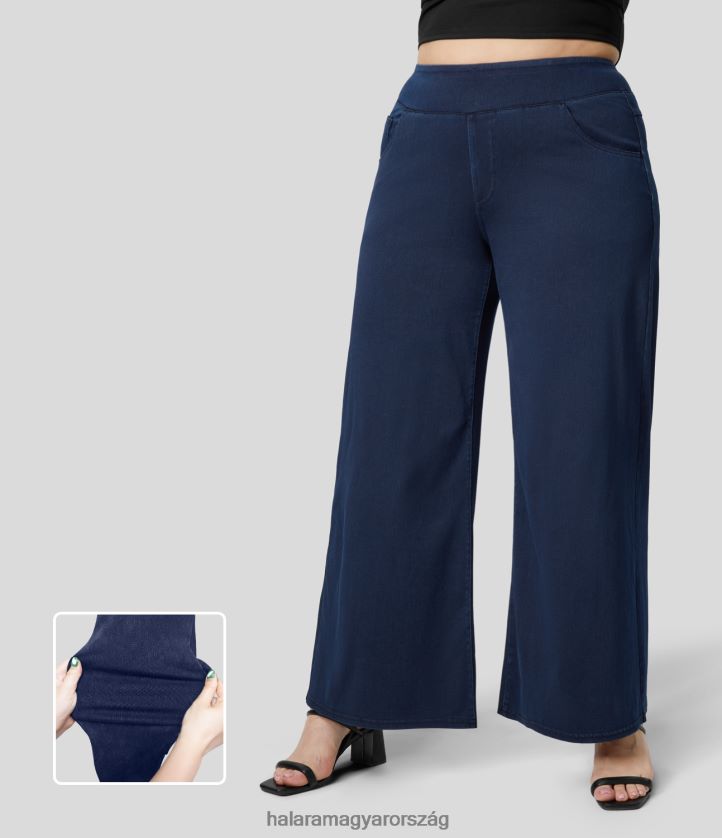ruházat Halara varázslatos, magas derekú, több zsebes széles szárú, bő, rugalmas kötött alkalmi molett farmer mosott farmer sötétkék nők 8FPF802113