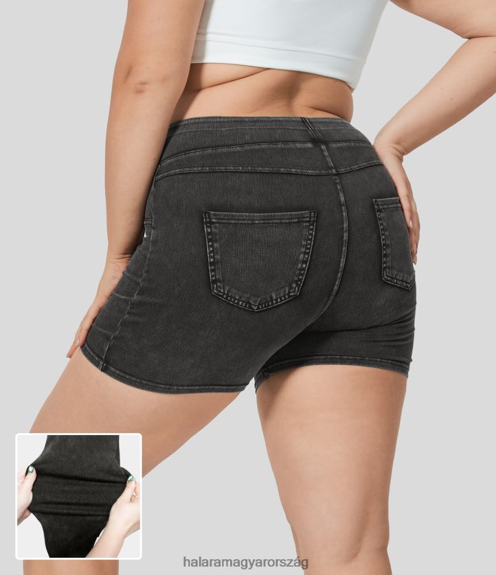 ruházat Halara varázslatos, magas derekú hátsó zsebes, rugalmas kötött farmer alkalmi, plus méretű rövidnadrág 3" farmer fekete nők 8FPF801338