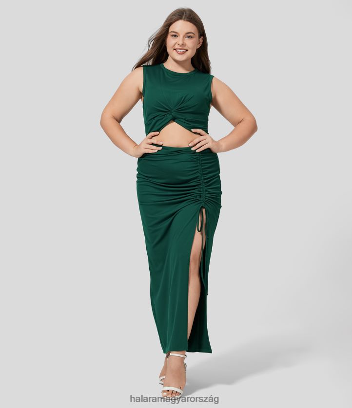 ruházat Halara kerek nyakú csavart kivágott, dörzsölt húzózsinórral osztott szegély bodycon midi alkalmi plus size ruha esőerdő nők 8FPF801097