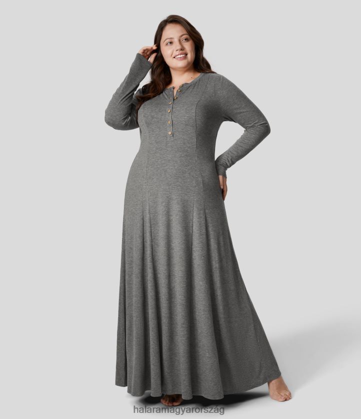 ruházat Halara kerek nyakú gomb hosszú ujjú flare maxi alkalmi molett ruha aranyos szürke virágos fonal nők 8FPF802157