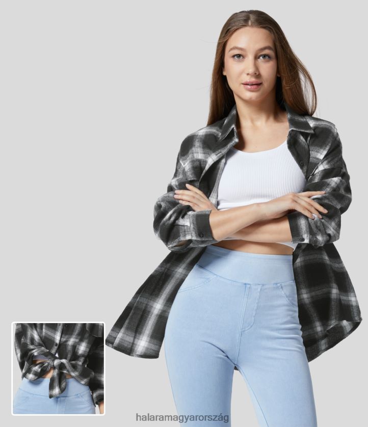 ruházat Halara galléros füles zsebgomb elöl ívelt szegélyű kockás alkalmi ing fekete szürke kockás nők 8FPF801645