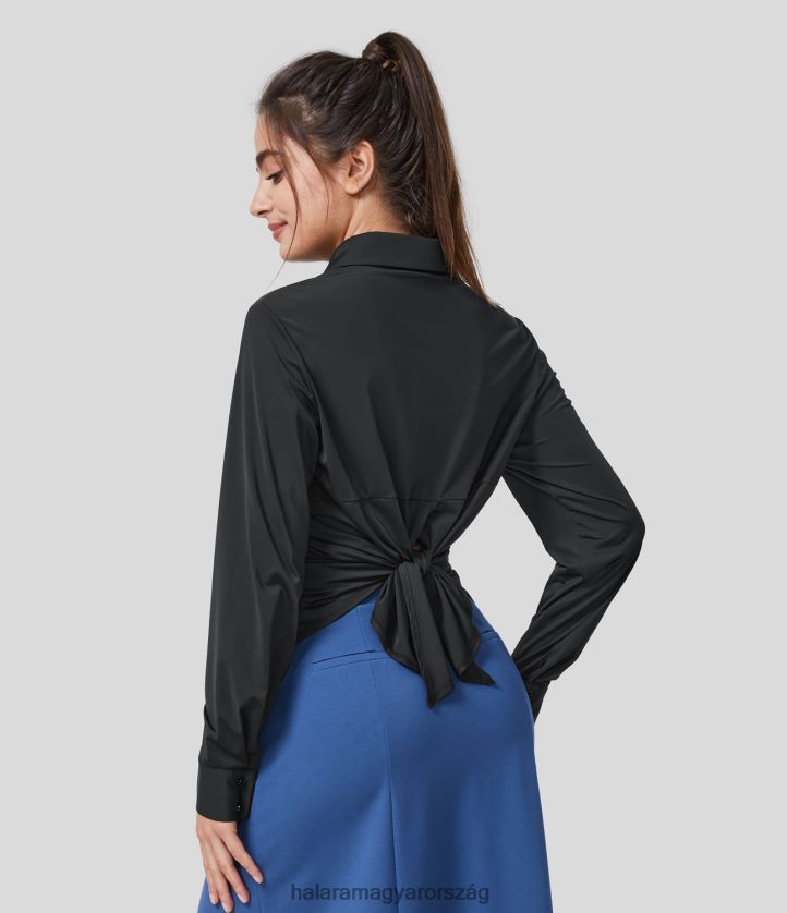 ruházat Halara galléros gomb hosszú ujjú nyakkendő vissza menő tapintású munkaing fekete nők 8FPF801659
