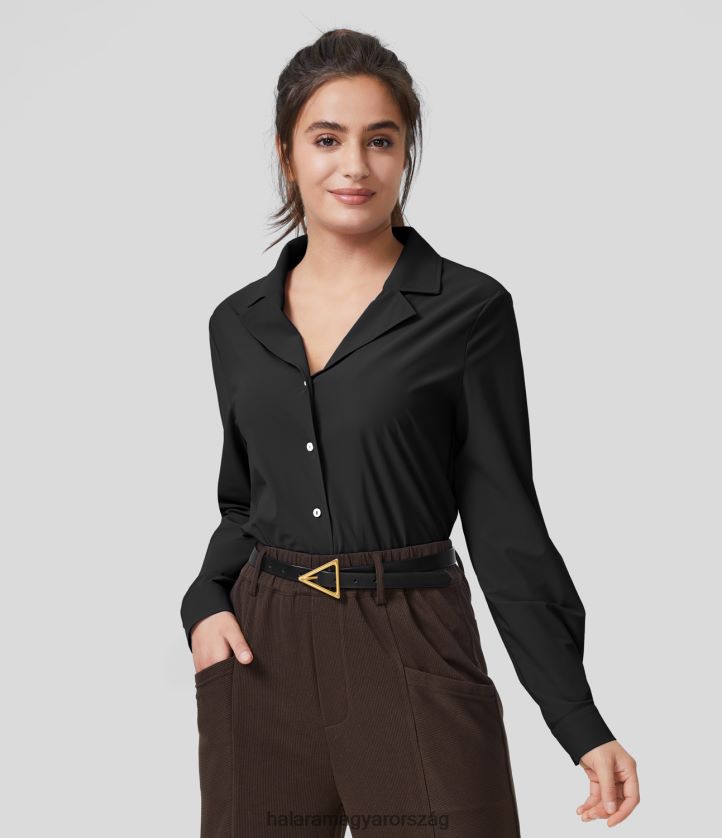 ruházat Halara rovátkolt galléros gombos hosszú ujjú munkaing fekete nők 8FPF801646