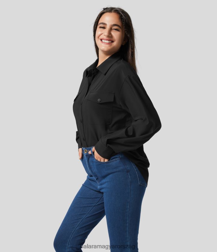 ruházat Halara szellős galléros füles zseb hosszú ujjú gomb elöl hajlított szegély gyorsan száradó alkalmi ing fekete nők 8FPF801653