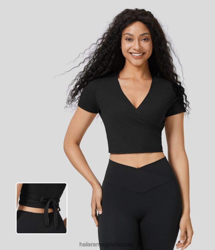 ruházat Halara v nyakú, rövid ujjú átköthető visszavágott alkalmi blúz fekete nők 8FPF801632