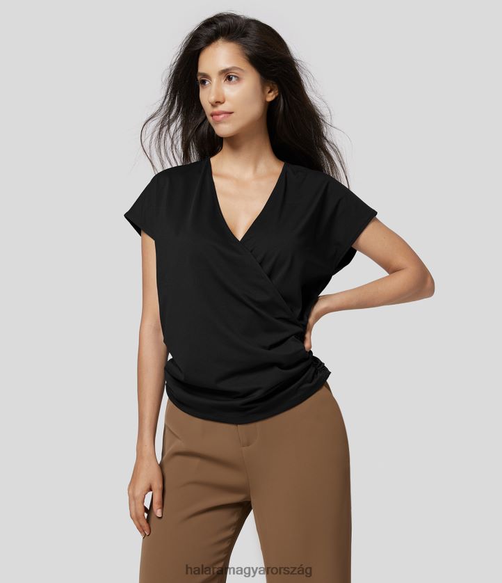 ruházat Halara v nyaksapkás ujjú crossover dörzsölt masszív munkásblúz fekete nők 8FPF801623