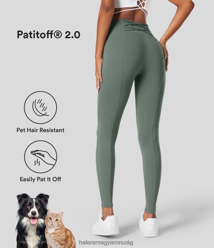 ruházat Halara Patitoff 2.0 kisállatszőrnek ellenálló, magas derekú oldalzseb keresztezett, alkalmi teljes hosszúságú leggings washingtoni szürke zöld nők 8FPF801551