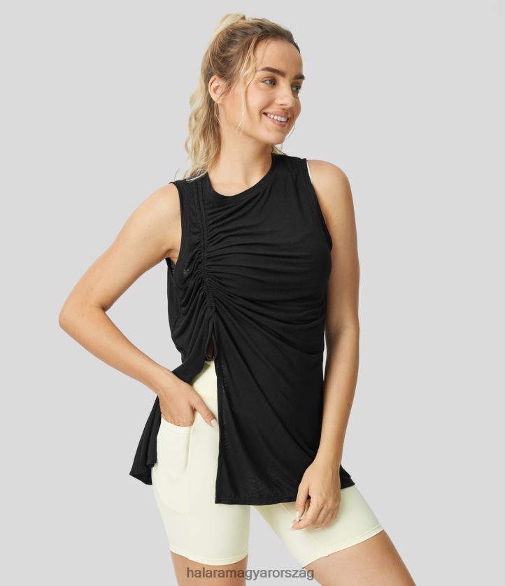 ruházat Halara kerek nyakú, húzózsinórozott, osztott szegélyű sima jacquard alkalmi felső fekete nők 8FPF801668