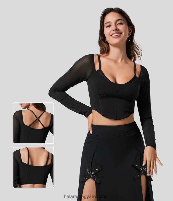 ruházat Halara áttetsző állítható pánt hát nélküli hosszú ujjú, hálós fűző, levágott alkalmi felső fekete nők 8FPF801973
